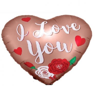 Balon inima rose gold cu trandafiri I love you