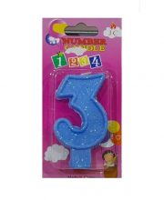 Lumanare cifra 3 bleu cu sclipici