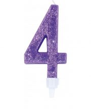 Lumanare cifra 4 mov cu sclipici (12 cm)