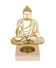 Suport lumanari din metal auriu cu baza din lemn, Buddha