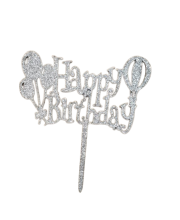 Topper pentru tort "Happy Birthday" argintiu cu sclipici